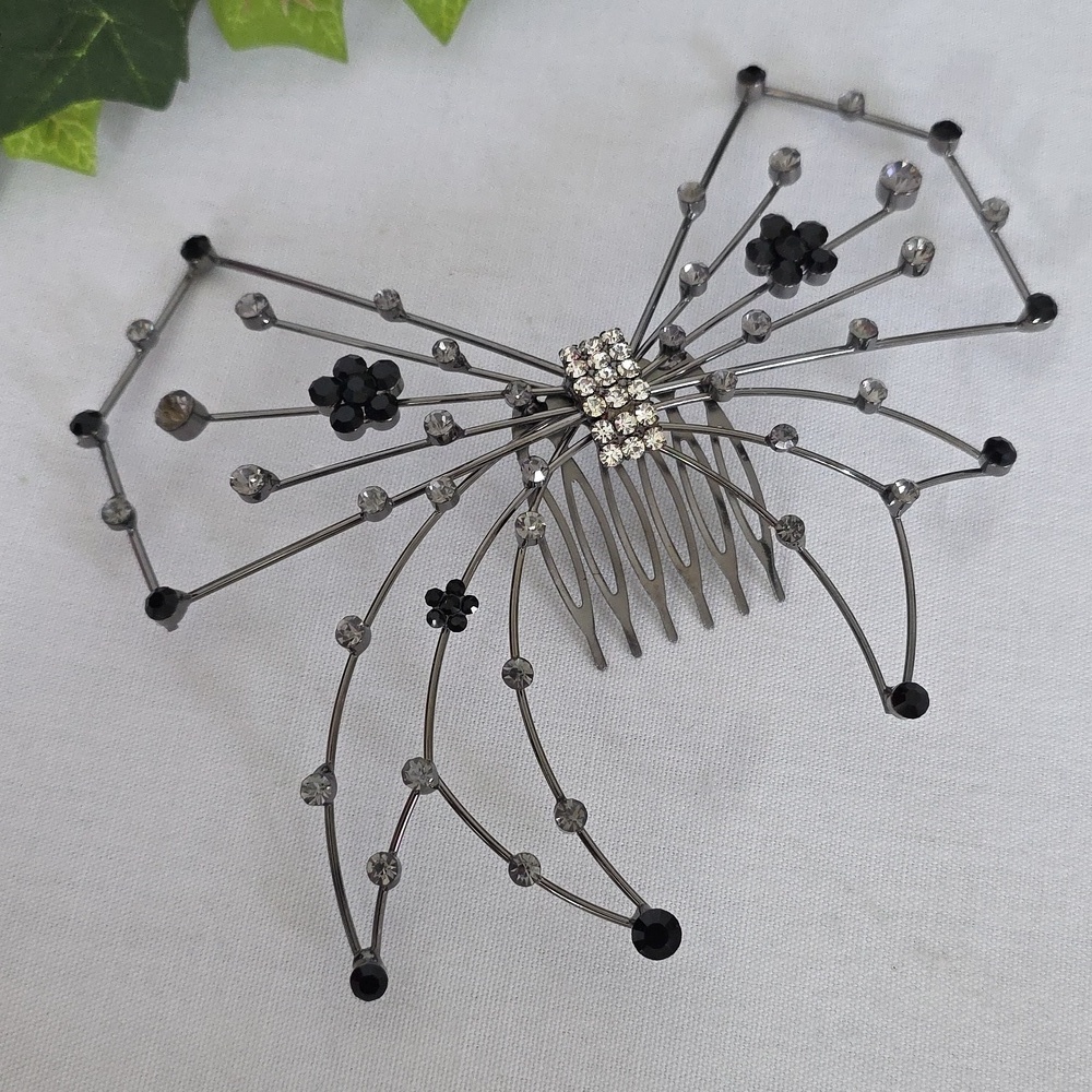 Statement Oxidized Silver Bow Hair Comb Black Smokey Rhinestone